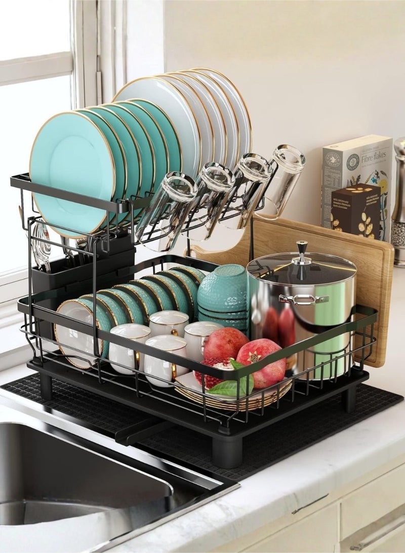 LIMOS Dish Drainer Rack, 2 Tier Dish Drainer with Drip Tray and Drainer Mat, Stainless Steel Dish Rack with Utensil Holder, Swivel Spout, Draining Board for Kitchen Counter, Black - Image 1